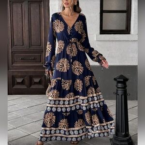 Boho floral print lace up maxi dress